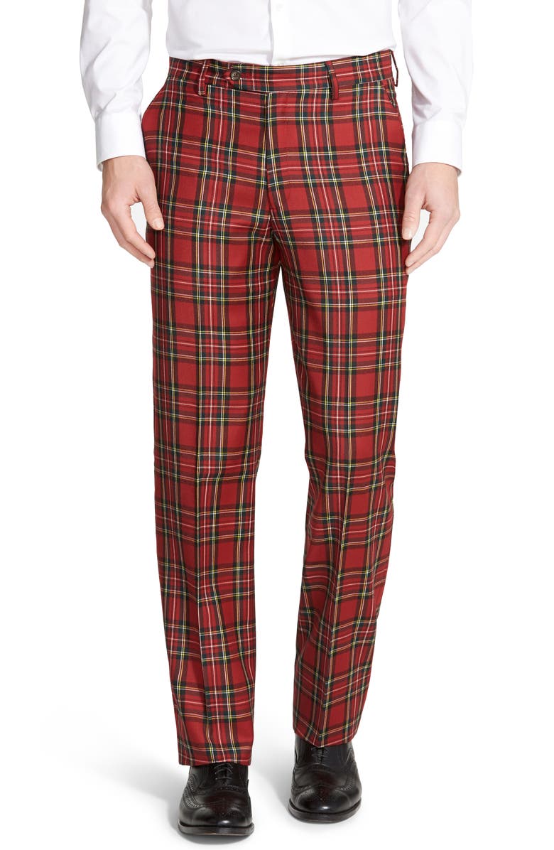 Berle Touch Finish Flat Front Classic Fit Plaid Wool Trousers, Main, color, Red