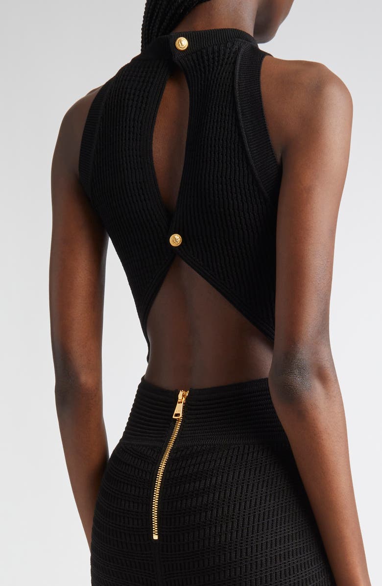 Balmain MIxed Stitch Sleeveless Body-Con Midi Dress, Alternate, color, Black