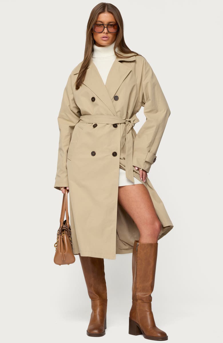 EDIKTED Amur Belted Trench Coat, Alternate, color, Camel