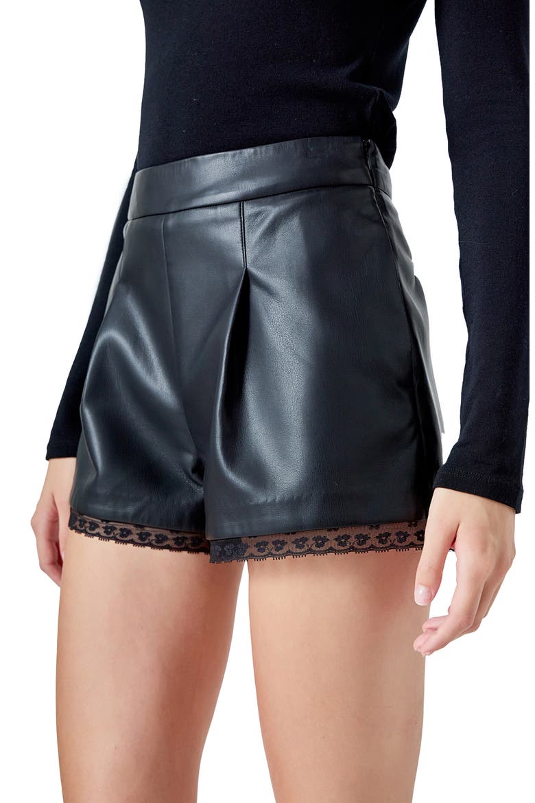 Lace Trim Faux Leather Shorts, Alternate, color, BLACK