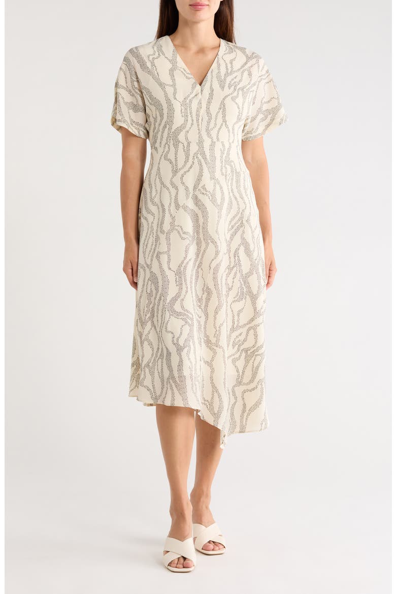 Short Sleeve Asymmetric Hem Midi Dress, Main, color, IVORY/ CHARCOAL