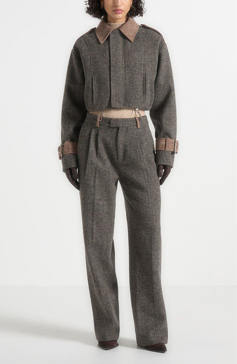 Manière De Voir Galia Herringbone and Suede Bungee Hem Jacket, Alternate, color, Grey