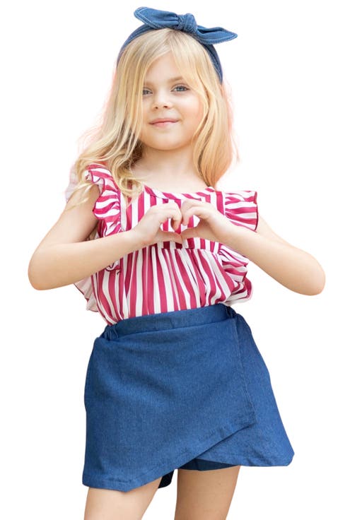 Girls Patriotic Red Striped Top and Blue Skort Set (Toddler, Little Kid & Big Kid)