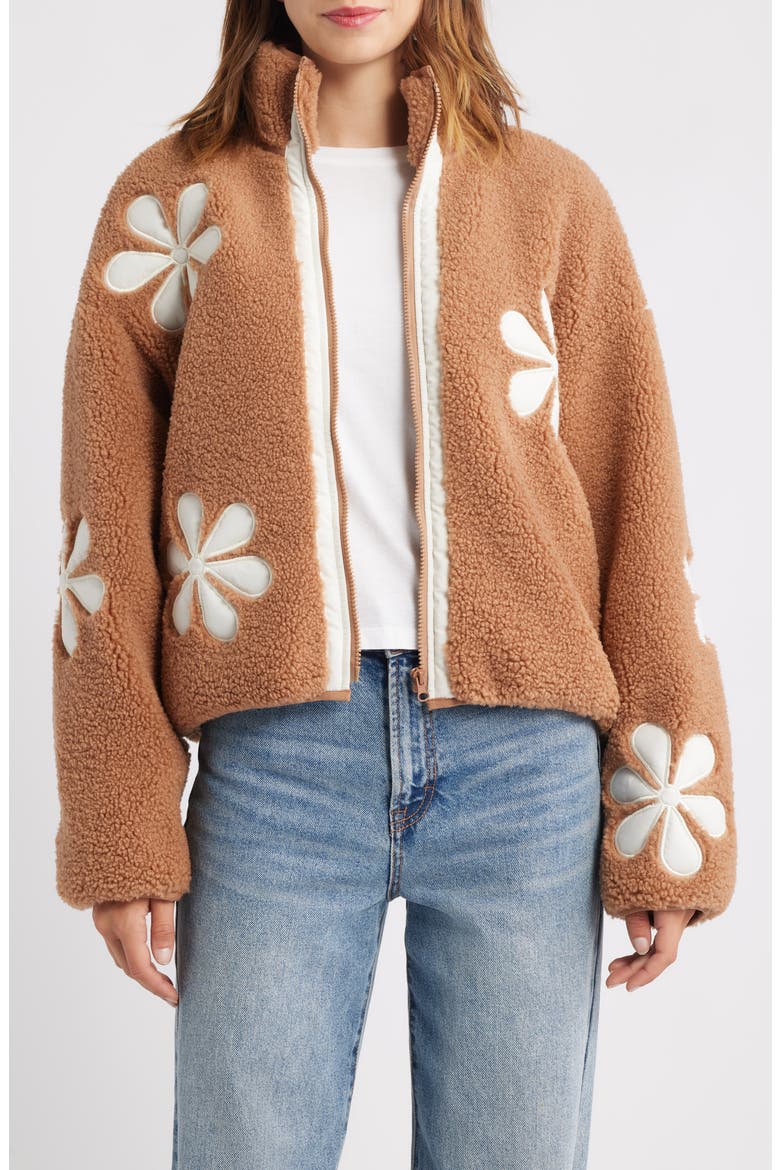 Flower Patch Faux Shearling Jacket, Main, color, BEIGE IVORY COMBO