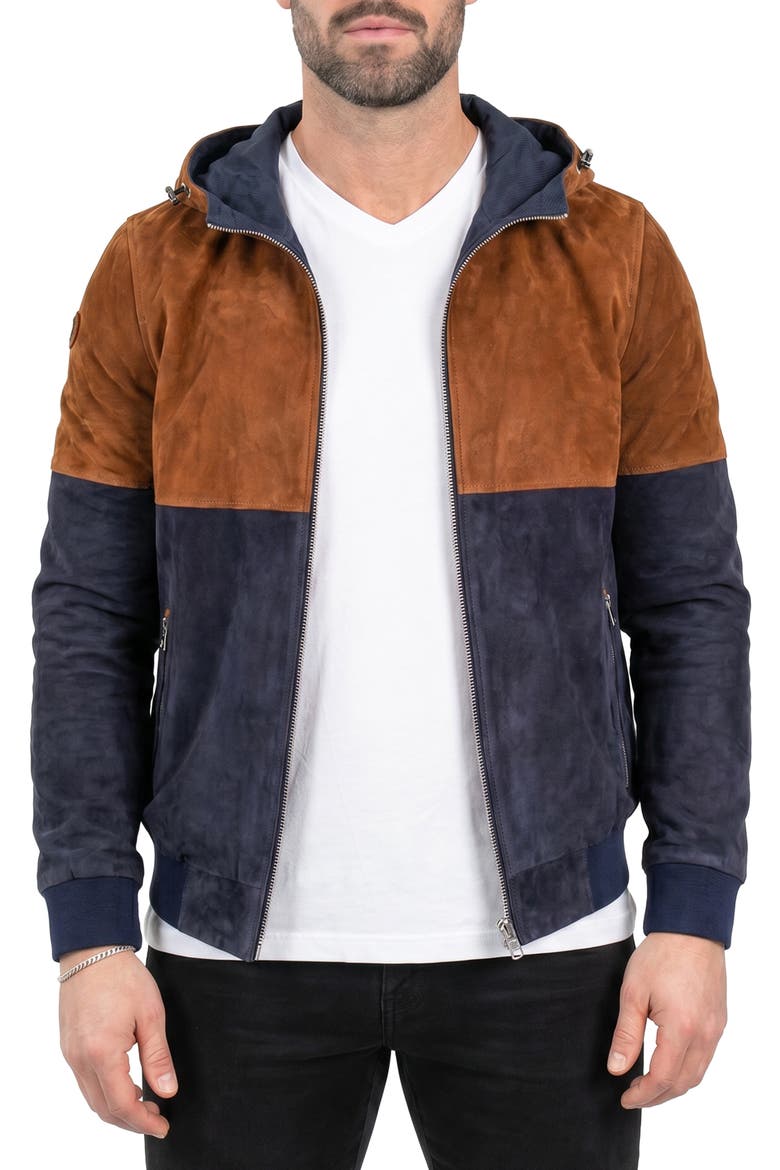 Colorblock Leather Hooded Jacket, Main, color, MULTI