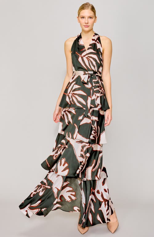 Melloday Printed Tiered Faux Wrap Maxi Cocktail Dress In Green