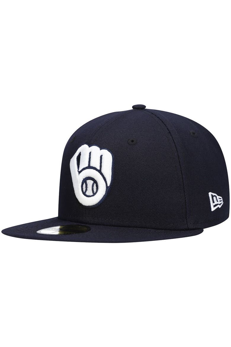 Men's New Era Navy Milwaukee Brewers White Logo 59FIFTY Fitted Hat, Main, color, Navy