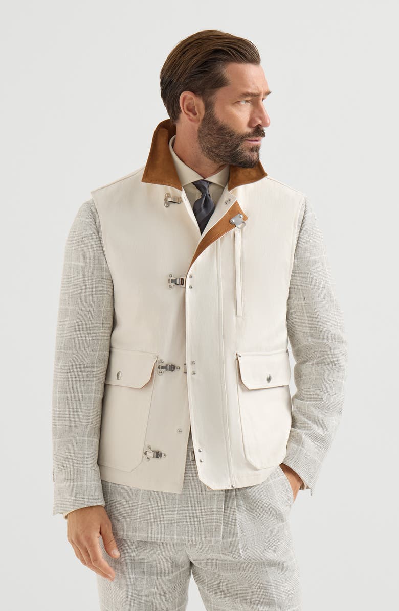 Brunello Cucinelli Cotton and linen canvas vest with suede inserts and hook fastening, Main, color, White