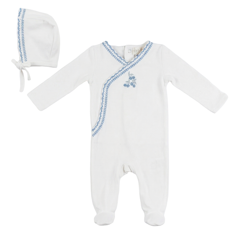 Boy Cherry Embroidered Wrap Romper with Bonnet