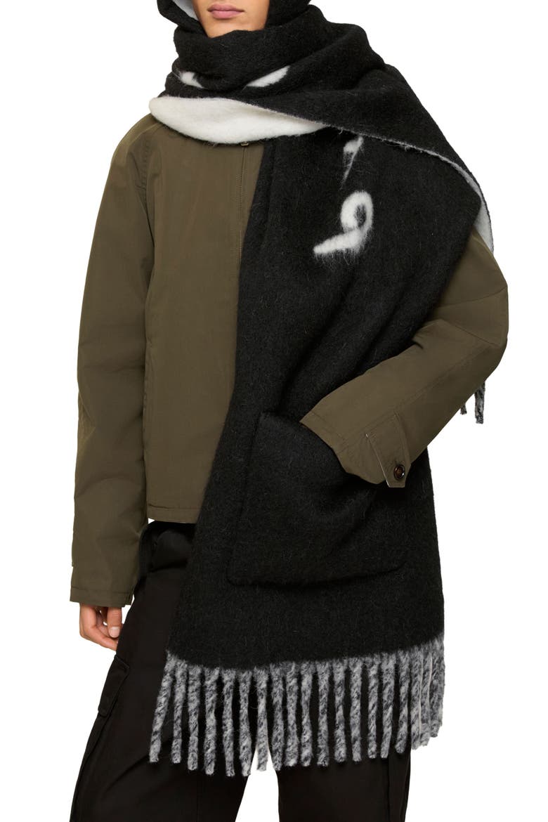 Logo Alpaca & Wool Blend Hooded Scarf, Main, color, BLACK