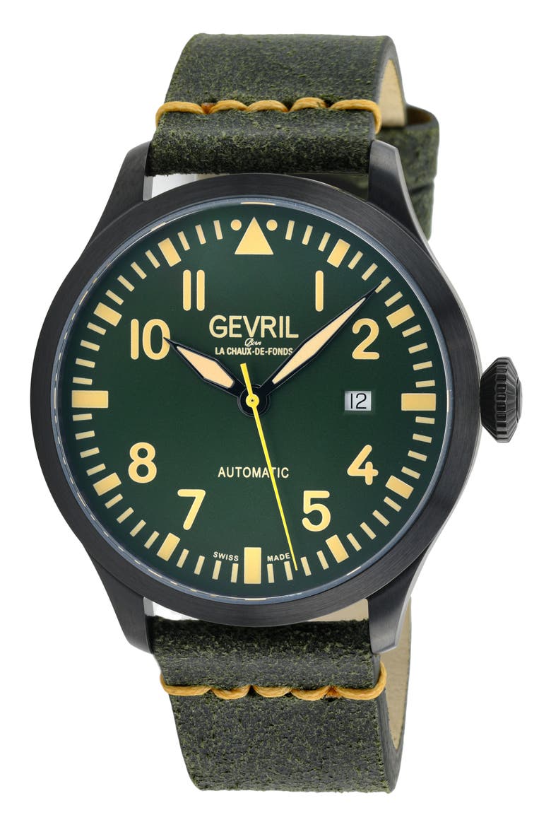 Vaughn Automatic Leather Strap Watch, 44mm, Main, color, GREEN