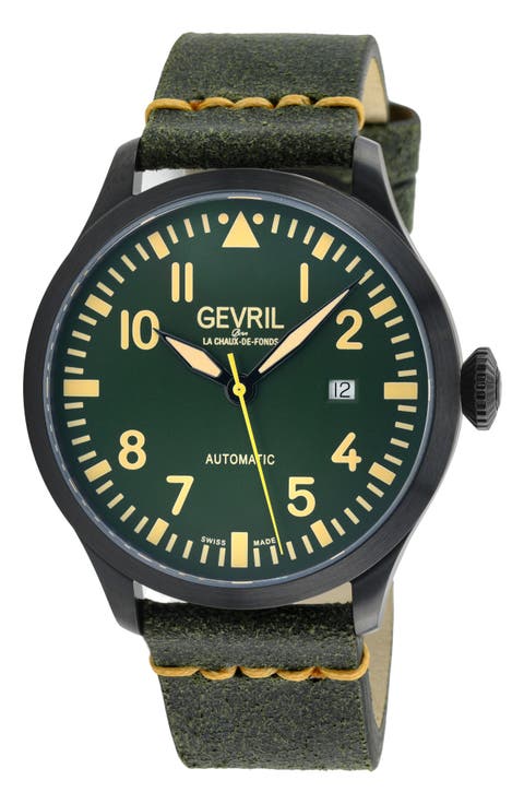 Vaughn Automatic Leather Strap Watch, 44mm