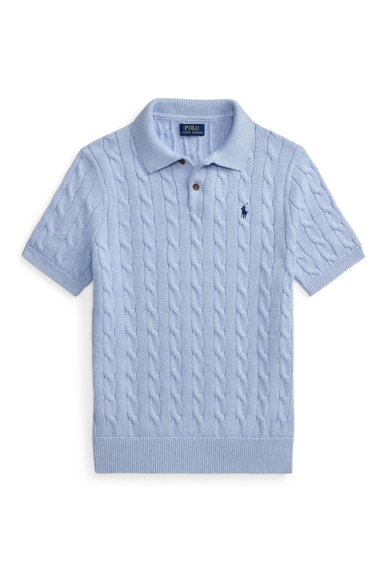Cable-Knit Cotton Polo Sweater, Alternate, color, BLUE HYACINTH HTHR