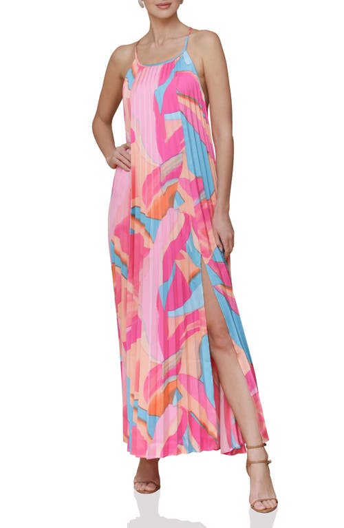 Avec Les Filles Print Satin Maxi Halter Dress In Pink