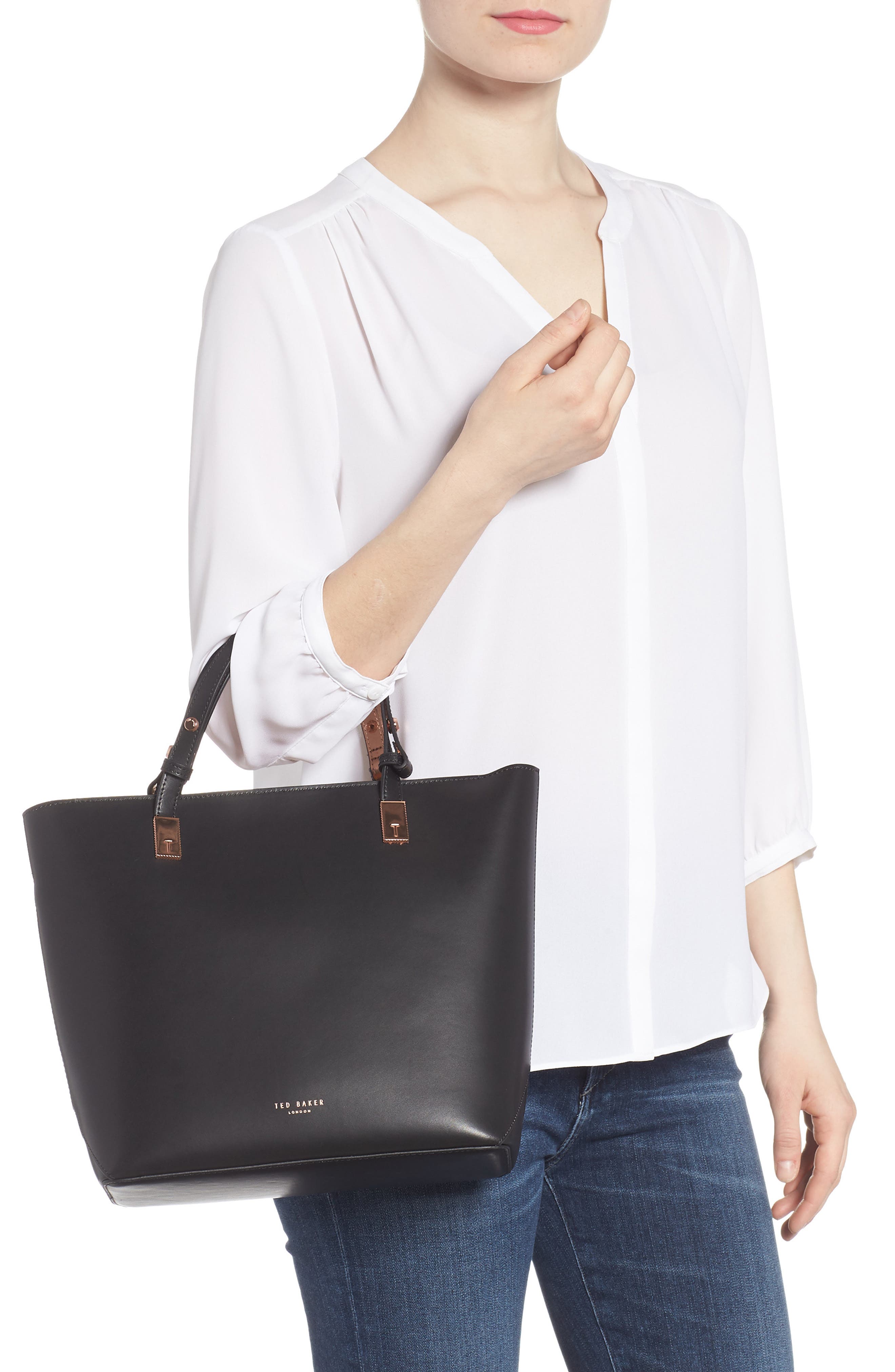 Adjustable Handle Leather Tote, Alternate, color, BLACK