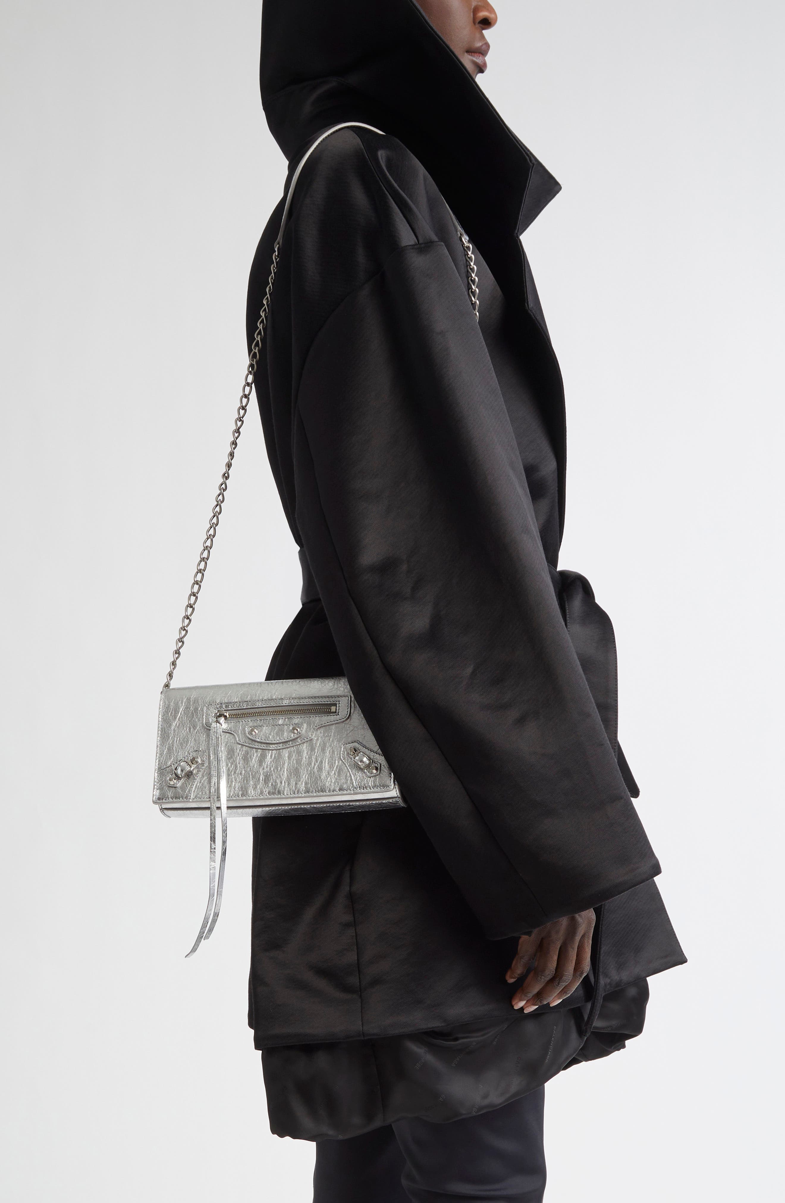 Le City Metallic Leather Wallet on a Chain, Alternate, color, 8122 SILVER