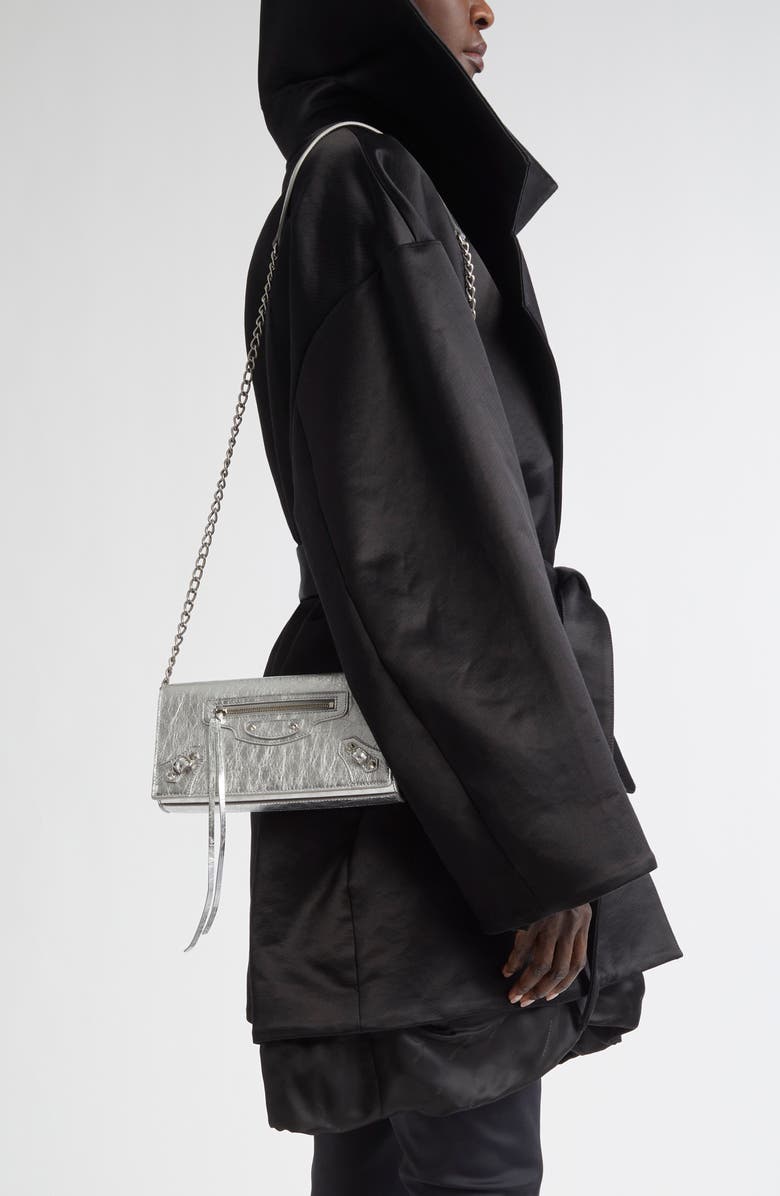 Balenciaga Le City Metallic Leather Wallet on a Chain, Alternate, color, 8122 Silver