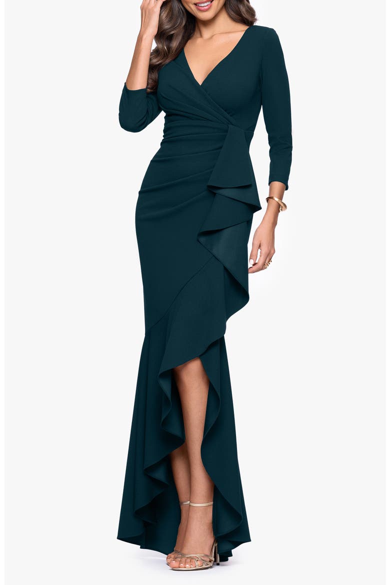Ruffle Scuba Crepe Faux Wrap High-Low Mermaid Gown, Alternate, color, PINE