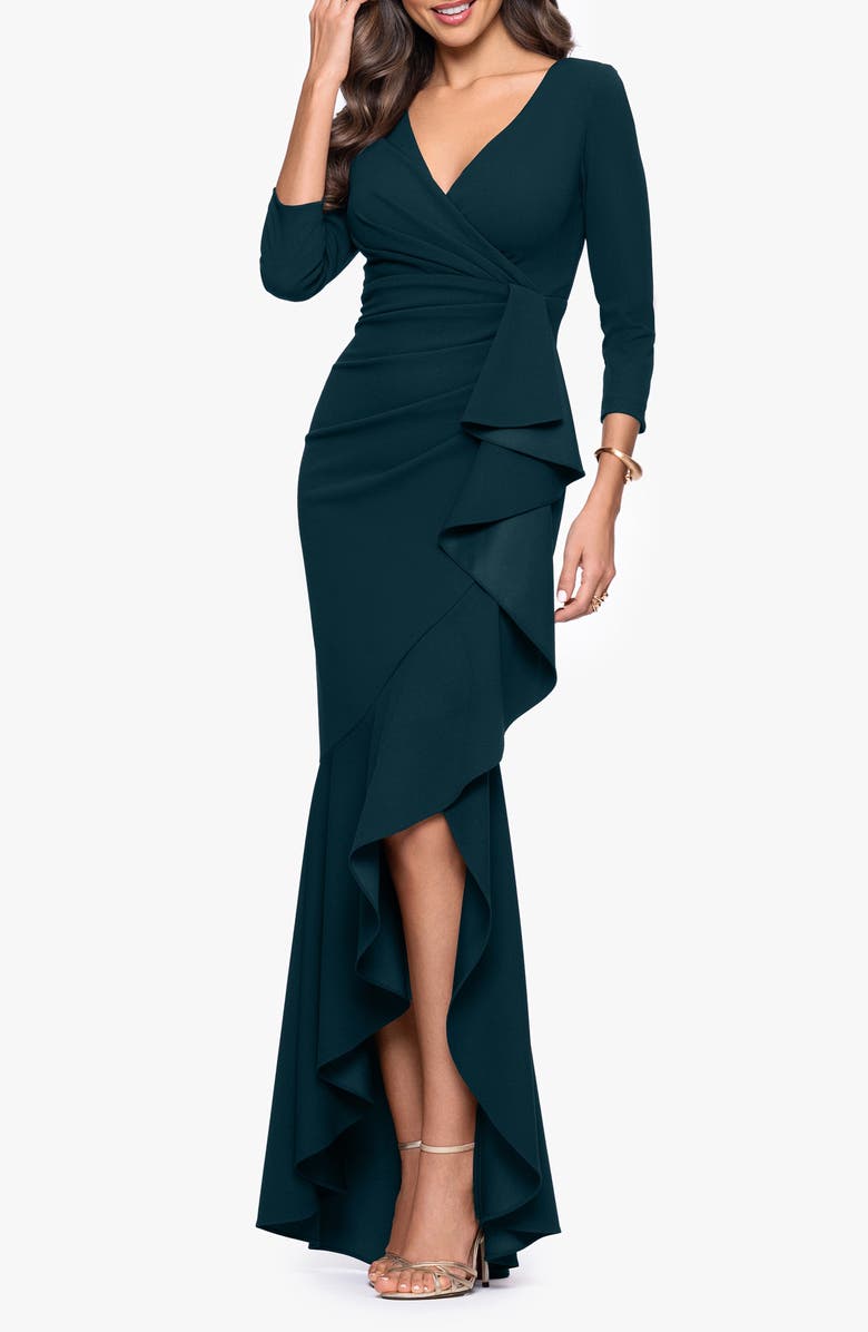 Betsy & Adam Ruffle Scuba Crepe Faux Wrap High-Low Mermaid Gown, Alternate, color, Pine