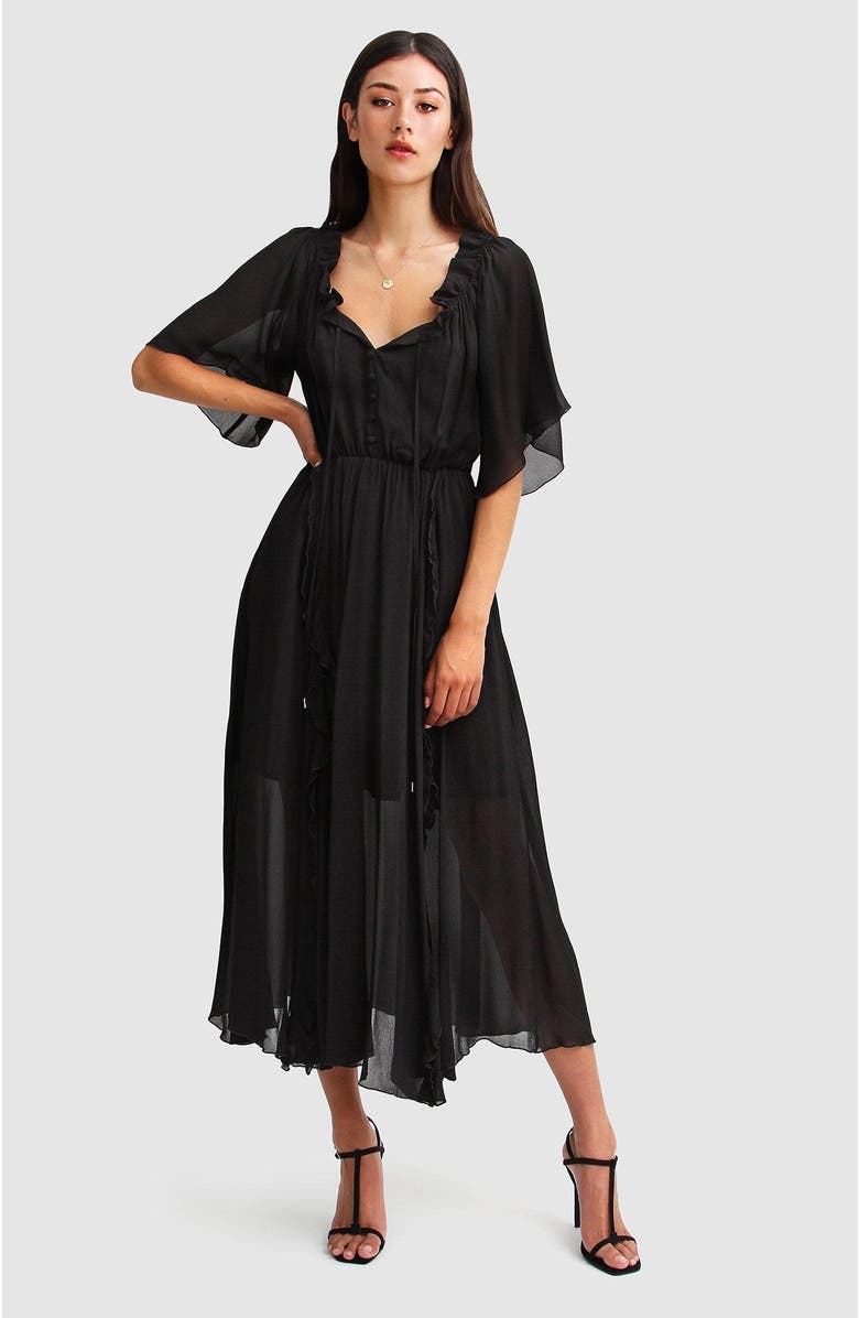 Belle & Bloom Amour Amour Ruffled Midi Dress, Main, color, Black