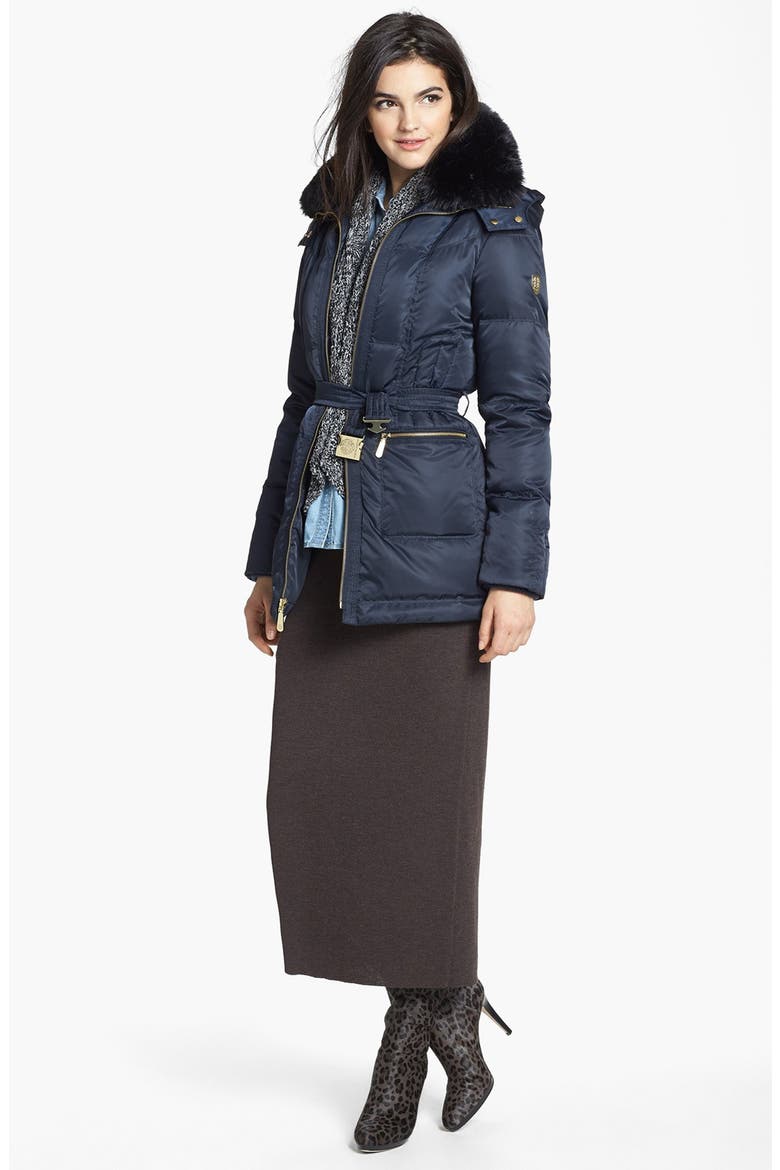 Faux Fur Collar Down & Feather Parka, Alternate, color, NAVY