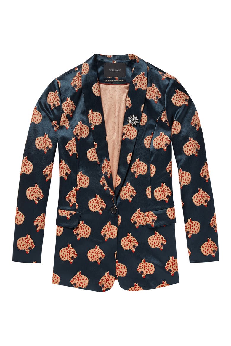 Jacquard Leopard Long Blazer, Main, color, NAVY W/ SNOW LEOPARD PRINT