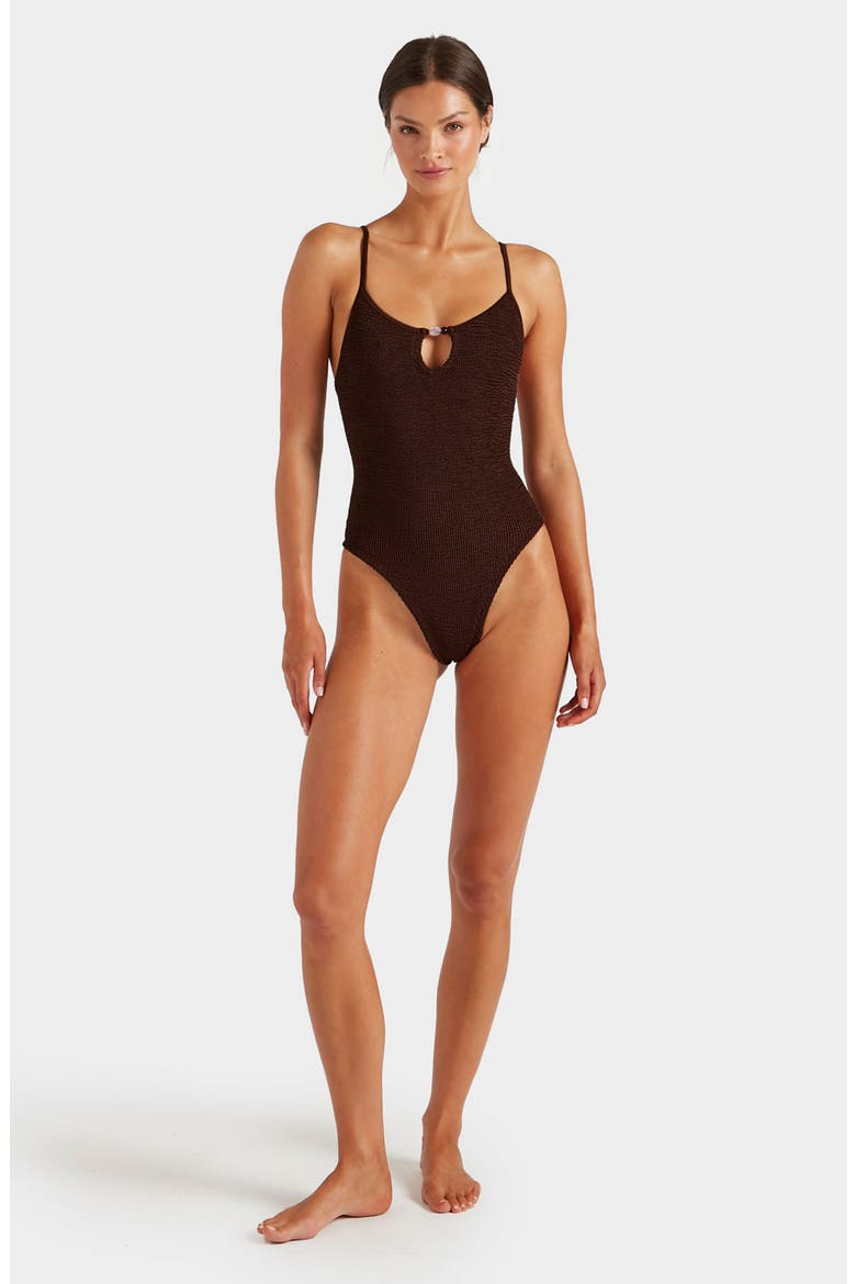 Mia Beaded One-Piece Swimsuit, Alternate, color, METALLIC CHOCOLATE
