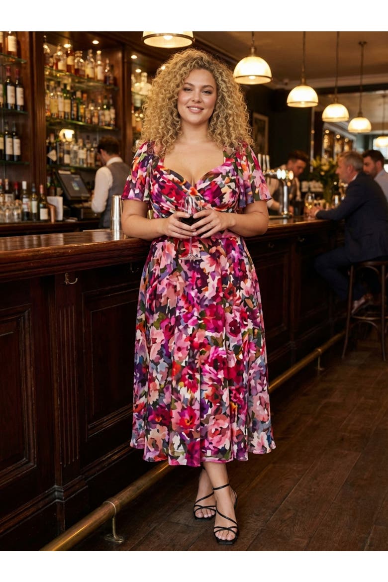 Liz Printed Wrap Bodice Midi Dress, Alternate, color, Vintage Rose
