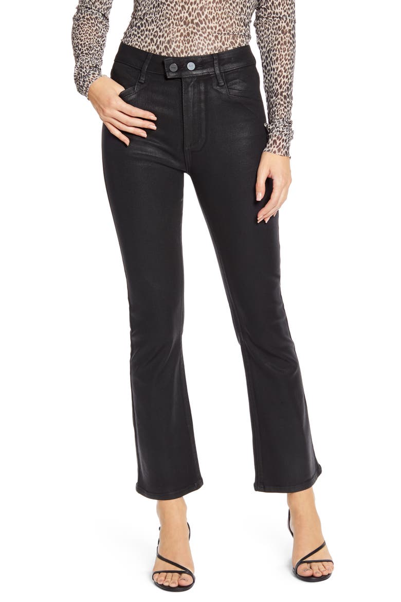 Transcend - Claudine Coated Double Button High Waist Ankle Flare Jeans, Main, color, BLACK FOG LUXE COATING