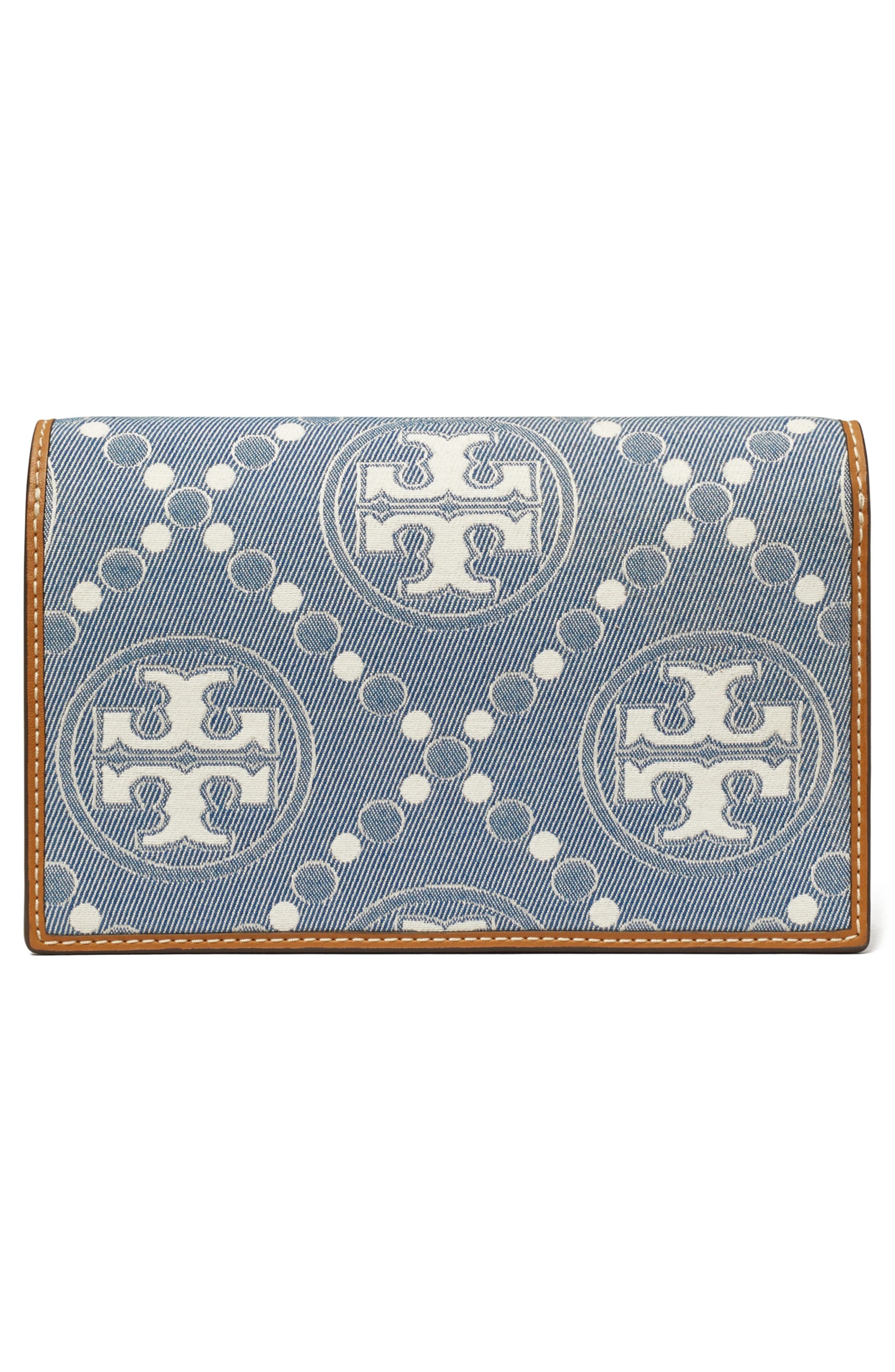 Tory Burch T Monogram Denim Wallet on a Chain, Alternate, color, 