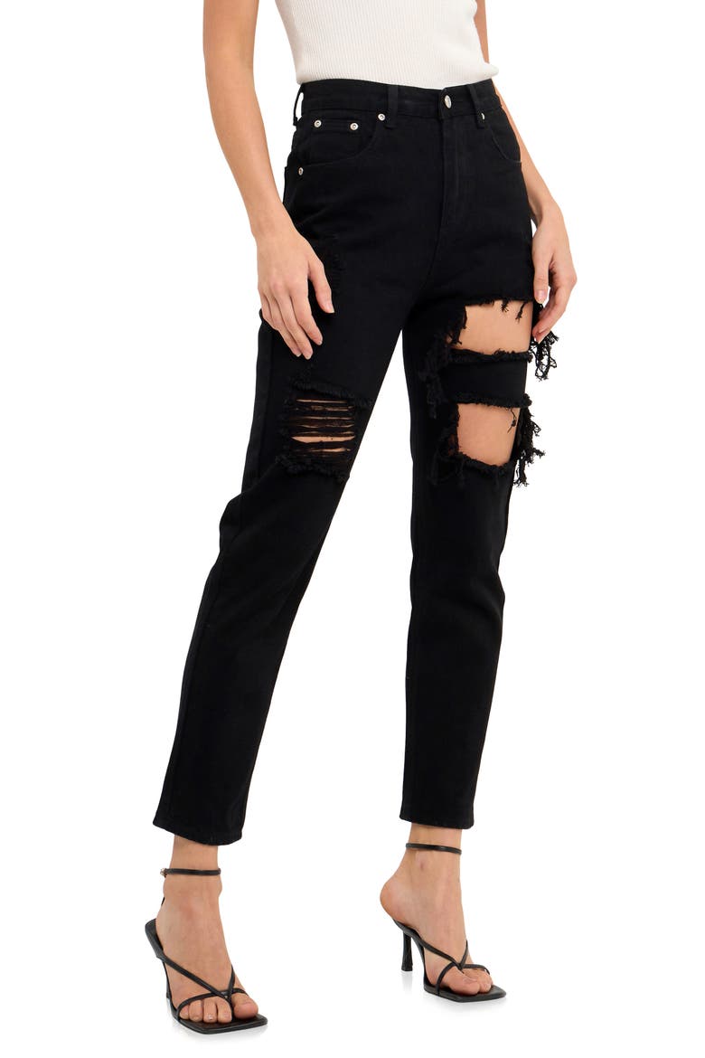 Cutout Ripped High Waist Slim Straight Leg Jeans, Alternate, color, BLACK