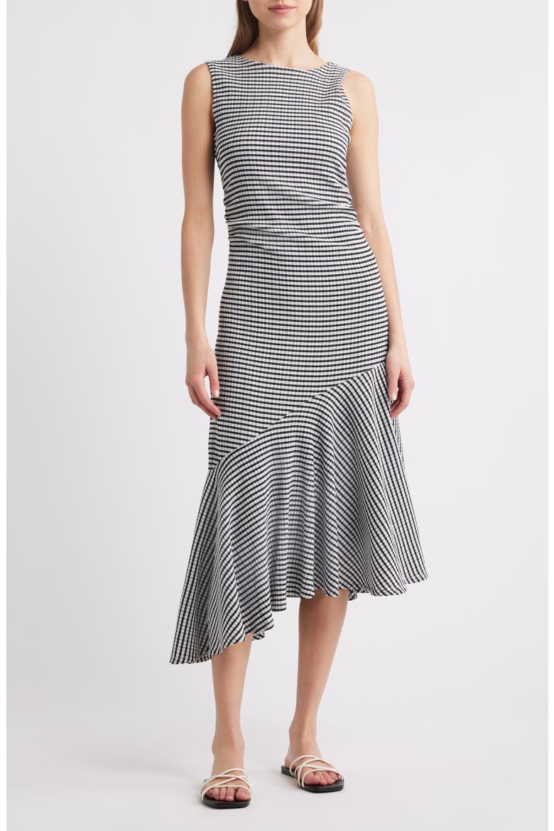 Daija Seersucker Sleeveless Asymmetric Midi Dress, Main, color, BLACK GINGHAM