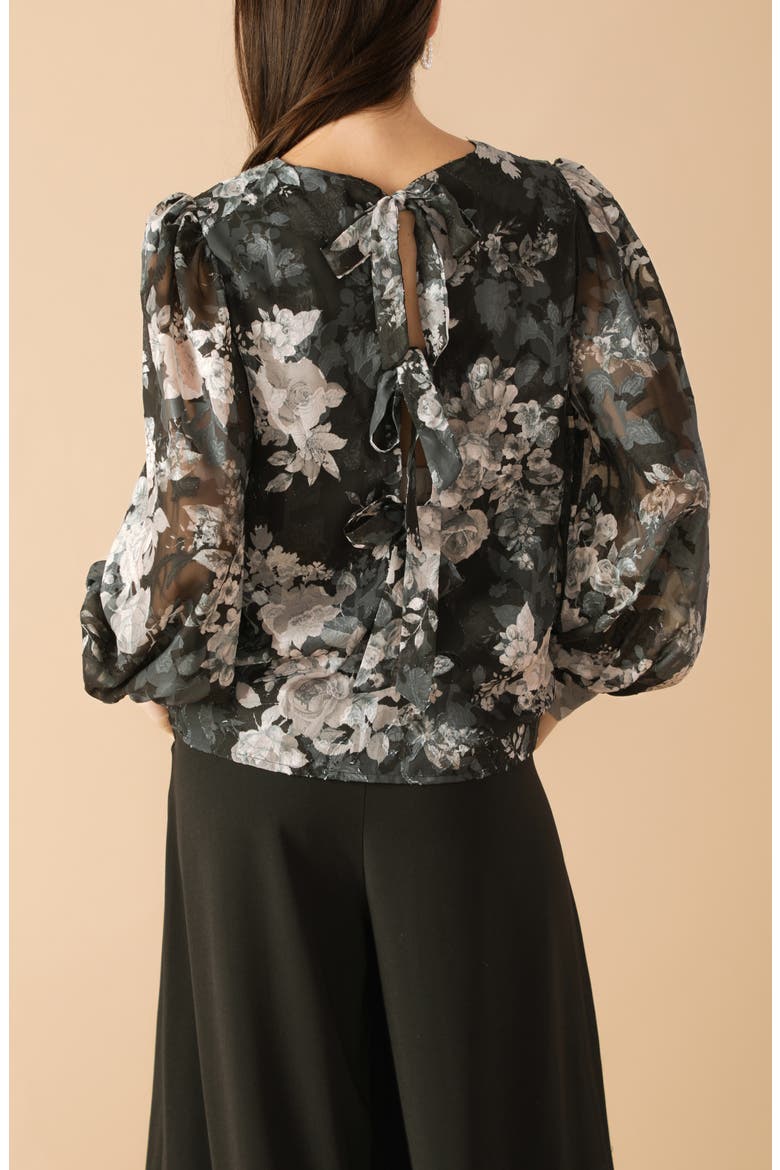 Floral Tie Back Long Sleeve Top, Alternate, color, BLACK