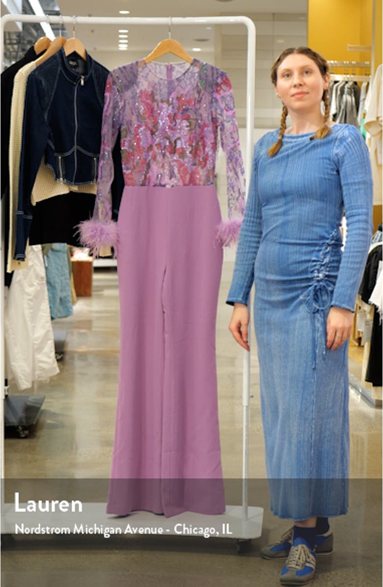 Michaela Ostrich & Turkey Feather Belted Long Sleeve Jumpsuit, sales video thumbnail