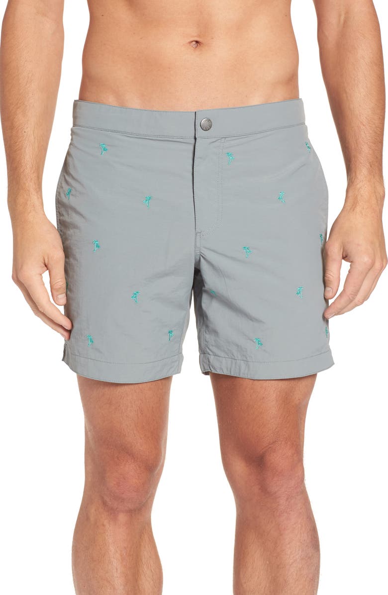 boto Aruba Tailored Fit Embroidered Palm Swim Trunks, Main, color, 