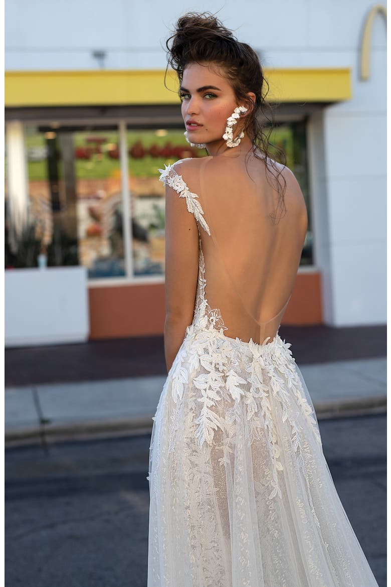 Embroidered Lace Tulle Trumpet Wedding Dress, Alternate, color, IVORY