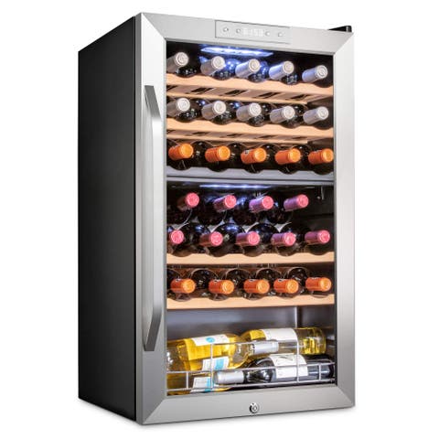 33 Bottle Freestanding Wine Refrigerator, Dual Zone Wine Fridge with Lock