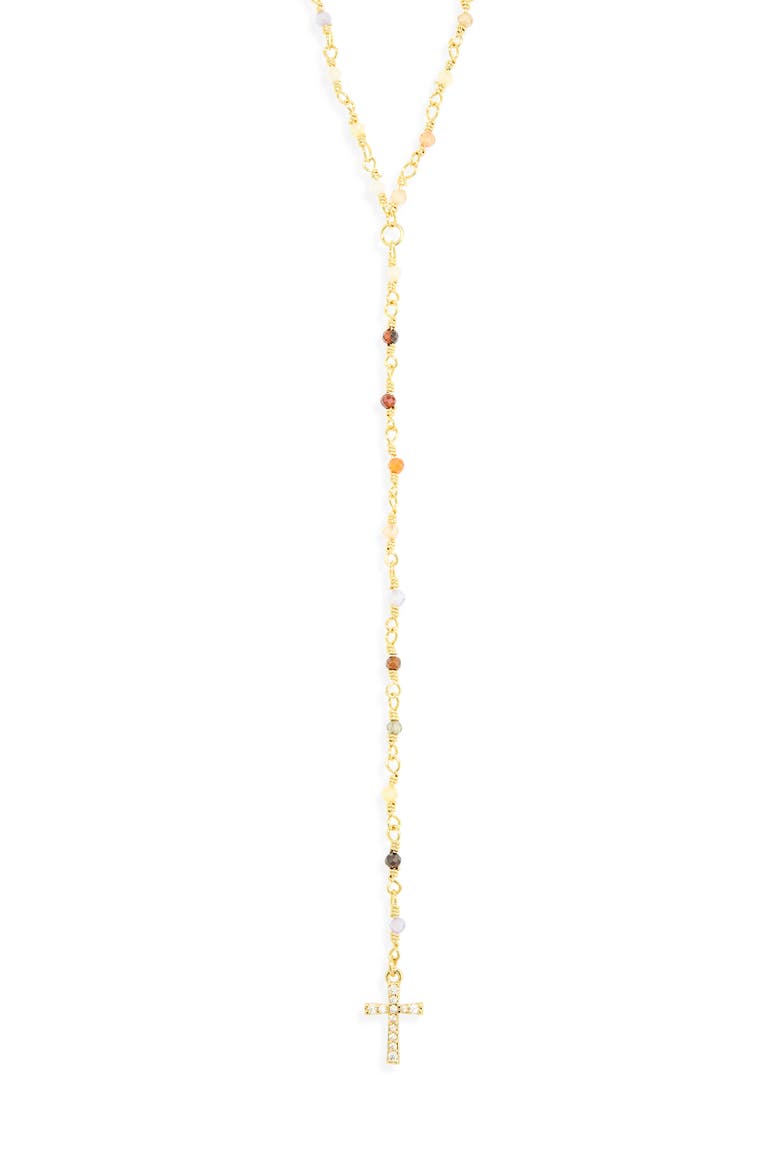 Pavé CZ Cross & Beaded Y-Necklace, Alternate, color, GOLD