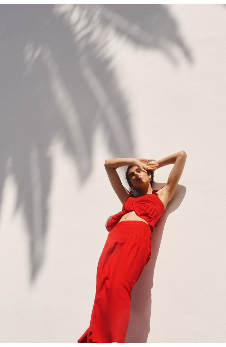 H&M Pleated Linen-blend Skirt, Alternate, color, Bright Red