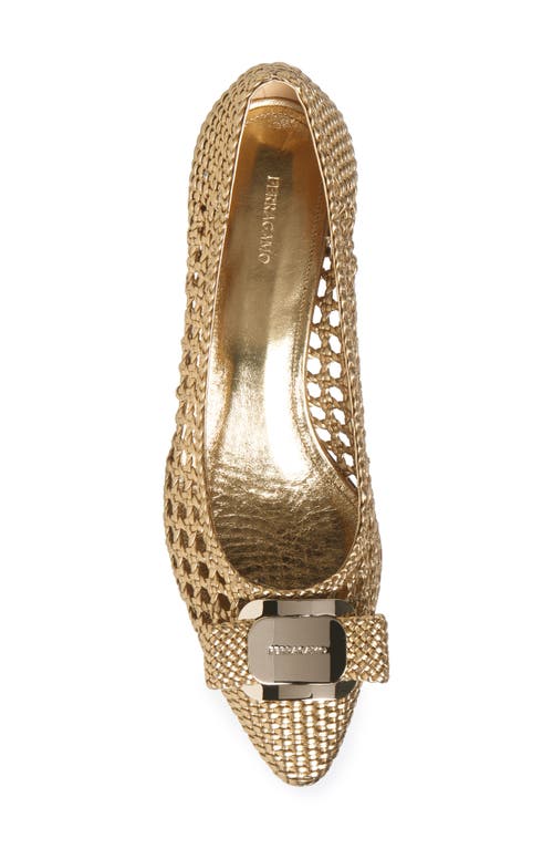 Ferragamo Zelma Bow Woven Pointed Toe Kitten Heel Pump In Gold Lux