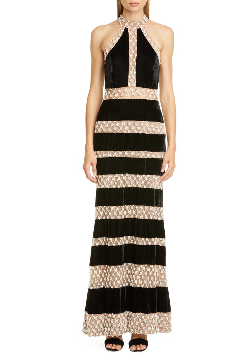 Imitation Pearl & Velvet Halter Gown, Main, color, BLACK