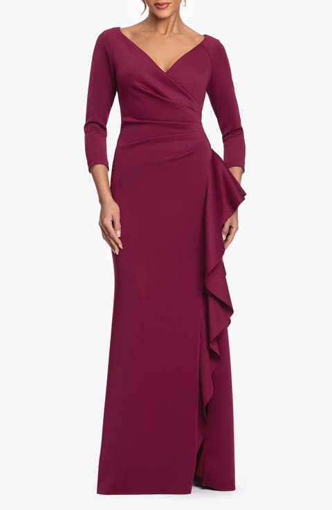 Cascade Ruffle Long Sleeve Scuba Crepe Gown