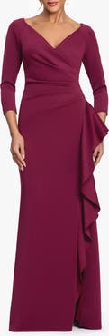 Xscape Evenings Cascade Ruffle Long Sleeve Scuba Crepe Gown
