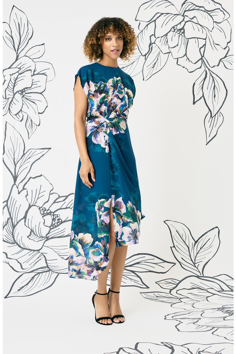 Floral Print Asymmetric Dress, Alternate, color, DEEP TEAL BLUE/ LT ROYAL LILAC