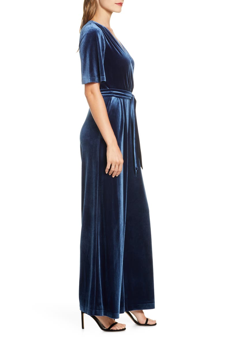Wide Leg Faux Wrap Velvet Jumpsuit, Alternate, color, BLUE