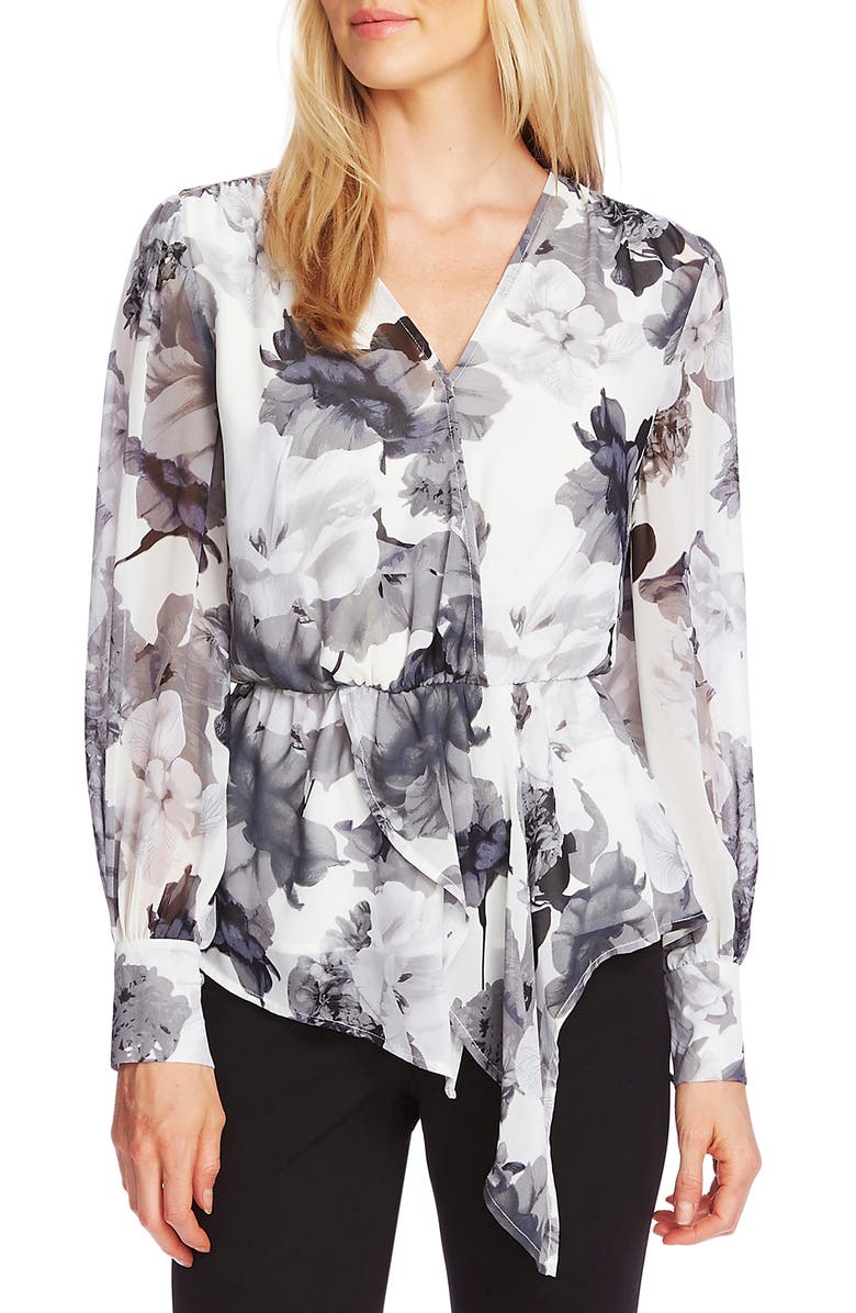 Vince Camuto Floral Asymmetrical Hem Long Sleeve Top, Main, color, 