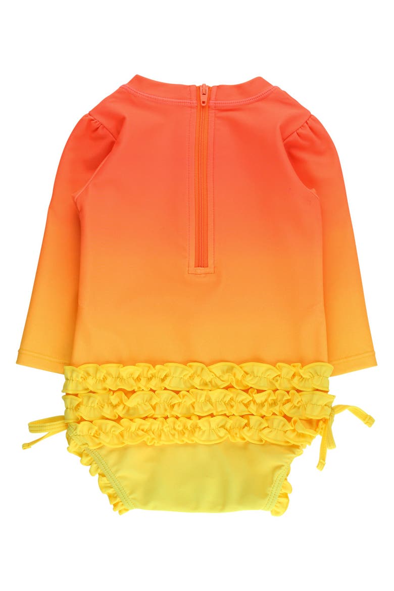 UPF50+ Sun Protected Neon Long Sleeve One Piece Rash Guard Swimsuit, with Signature Rear Ruffles, Alternate, color, Neon Citrus Sunrise