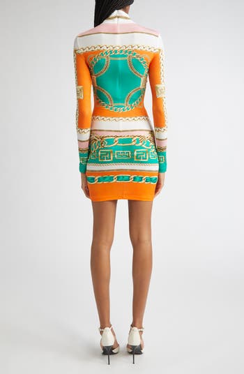Foulard Print Long Sleeve Body-Con Minidress