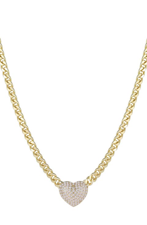 14K Gold Plated Pavé Cubic Zirconia Heart Pendant Necklace