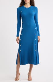 Elie Tahari The Tamara Button Detail Long Sleeve Midi Sweater Dress